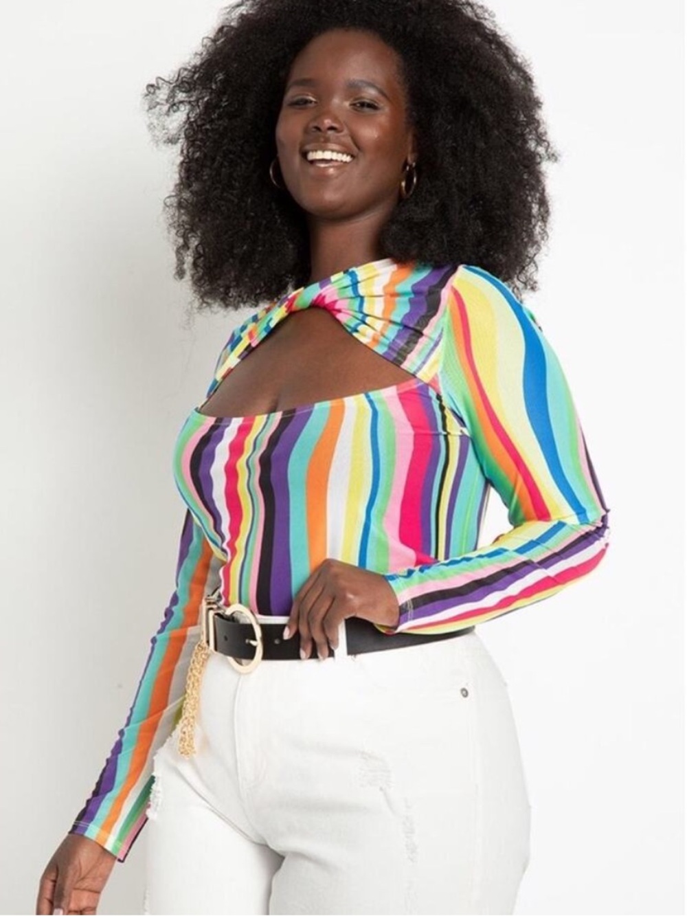 Eloquii Mesh Rainbow Stripe Cutout Twist Front Top